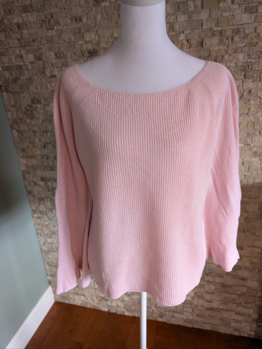 LOFT Pink Strappy Back Bell Sleeve Ribbed Knit Cotton Silk Blend Sweater Size M - Picture 2 of 12